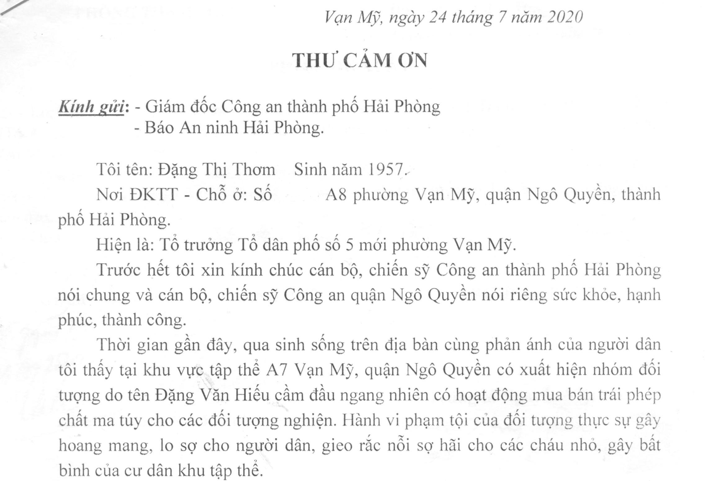 Tổ trưởng Tổ dân phố số 5 mới phường Vạn Mỹ gửi thư cảm ơn CAQ Ngô Quyền triệt phá ổ nhóm đối tượng phạm tội ma túy